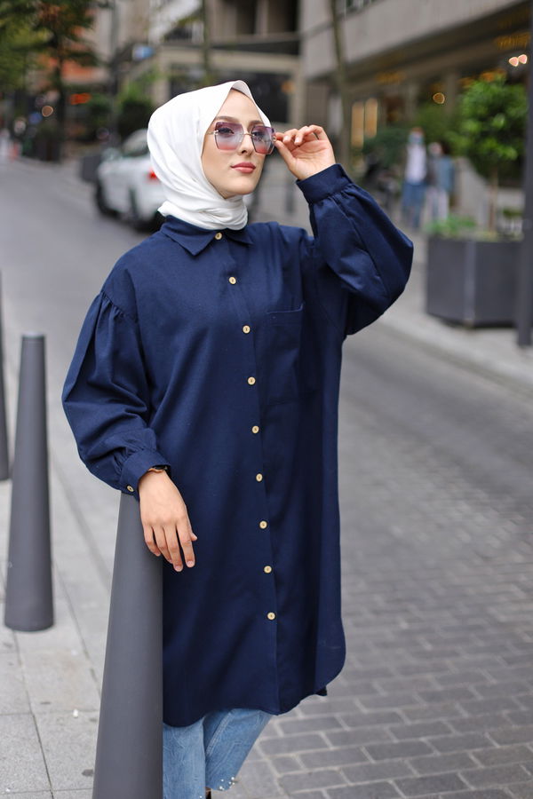 Düz Gömlek Yaka Kadın Lacivert TUNIK - 13275 LACİVERT