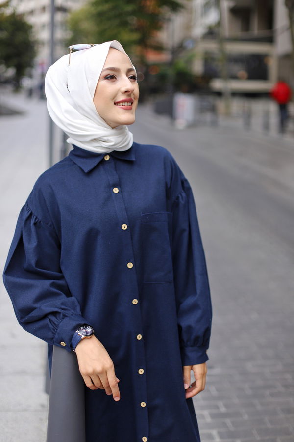 Düz Gömlek Yaka Kadın Lacivert TUNIK - 13275 LACİVERT