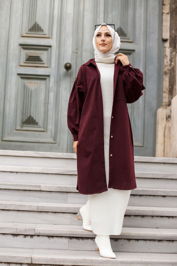 Düz Gömlek Yaka Kadın Bordo TUNIK - 13275 BORDO