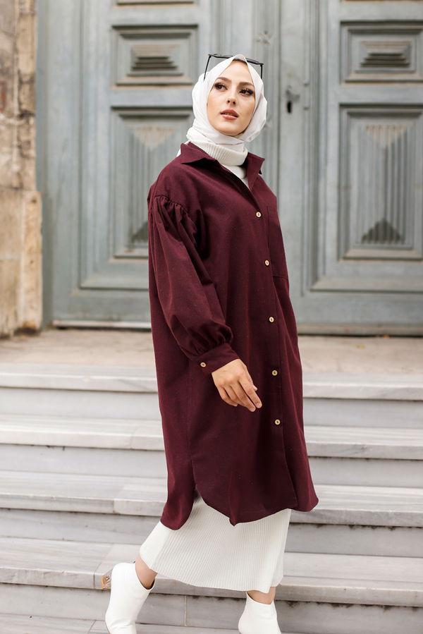 Düz Gömlek Yaka Kadın Bordo TUNIK - 13275 BORDO
