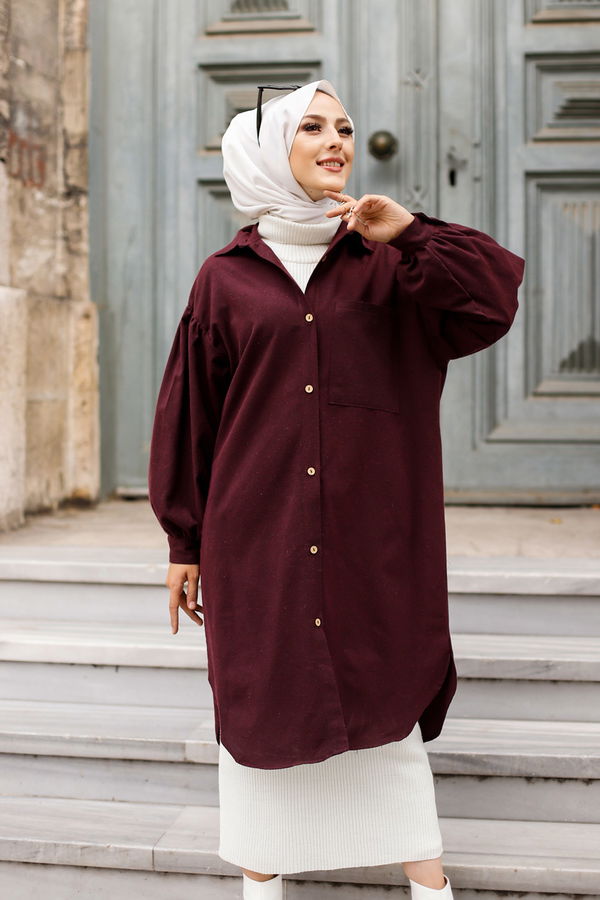 Düz Gömlek Yaka Kadın Bordo TUNIK - 13275 BORDO