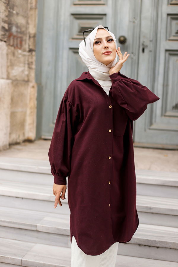 Düz Gömlek Yaka Kadın Bordo TUNIK - 13275 BORDO