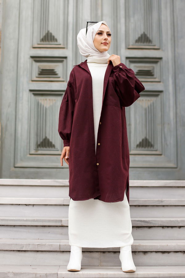 Düz Gömlek Yaka Kadın Bordo TUNIK - 13275 BORDO