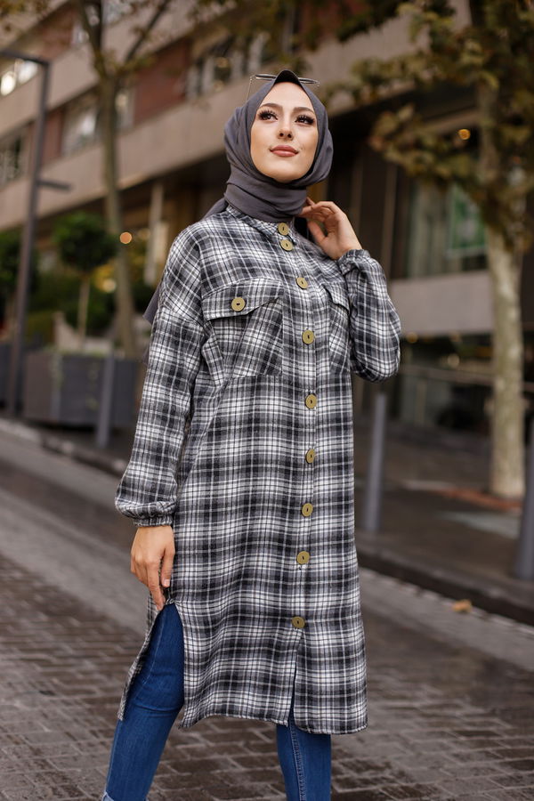 Düz Gömlek Yaka Kadın Antrasit TUNIK - 9091