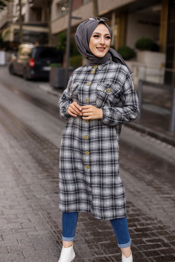 Düz Gömlek Yaka Kadın Antrasit TUNIK - 9091