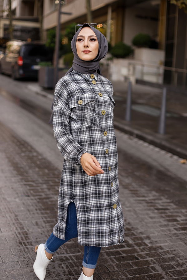 Düz Gömlek Yaka Kadın Antrasit TUNIK - 9091
