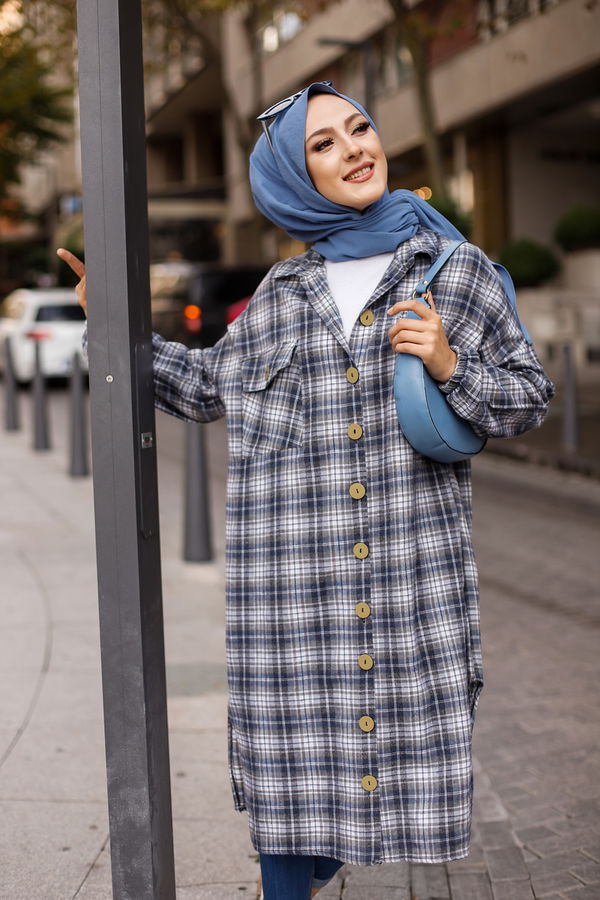Düz Gömlek Yaka Kadın Lacivert TUNIK - 9091