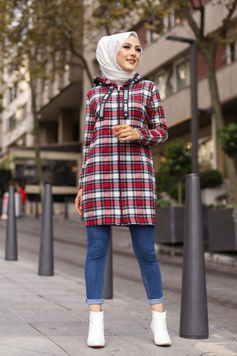 Düz Orta Kadın Kırmızı 8619 FERMUARLI TUNIK - 8619 Kırmızı
