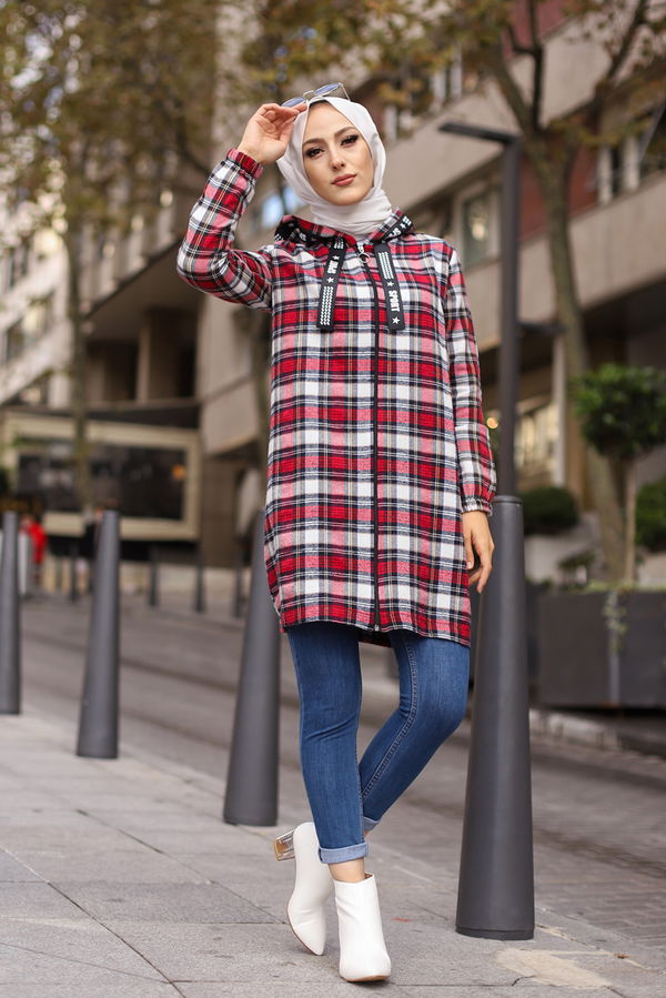 Düz Orta Kadın Kırmızı 8619 FERMUARLI TUNIK - 8619 Kırmızı