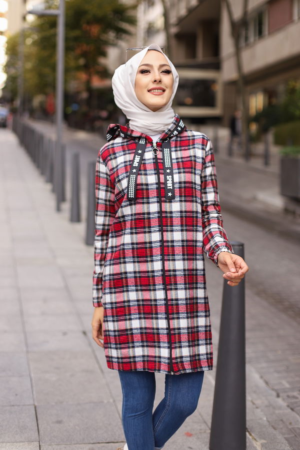Düz Orta Kadın Kırmızı 8619 FERMUARLI TUNIK - 8619 Kırmızı