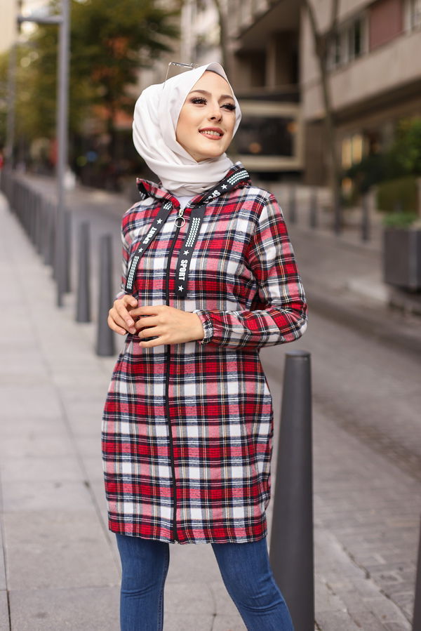 Düz Orta Kadın Kırmızı 8619 FERMUARLI TUNIK - 8619 Kırmızı