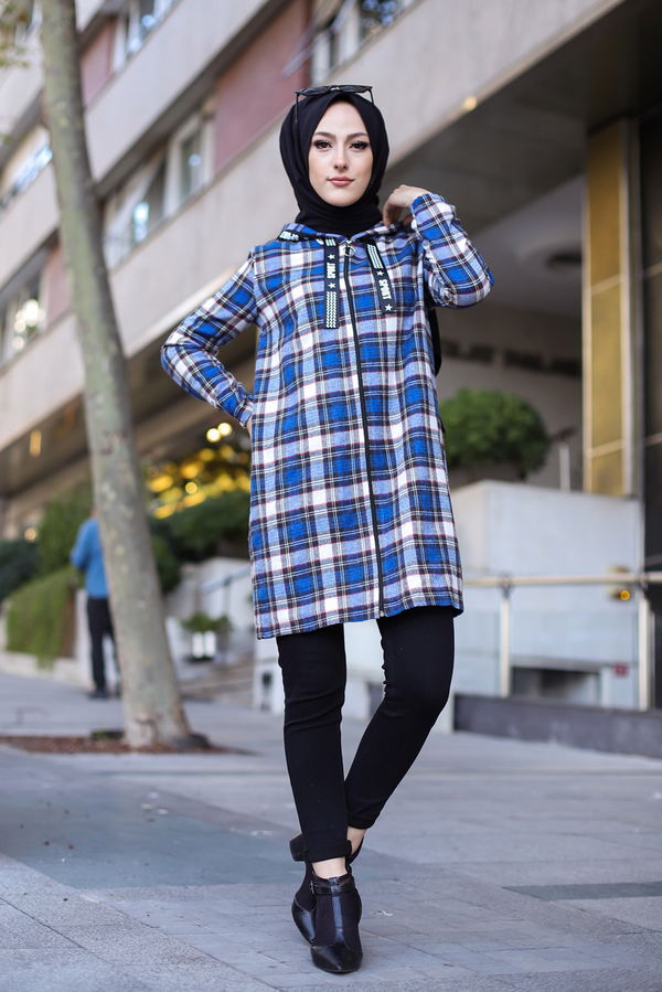 Düz Orta Kadın Mavi 8619 FERMUARLI TUNIK - 8619 MAVİ