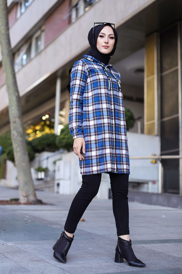 Düz Orta Kadın Mavi 8619 FERMUARLI TUNIK - 8619 MAVİ