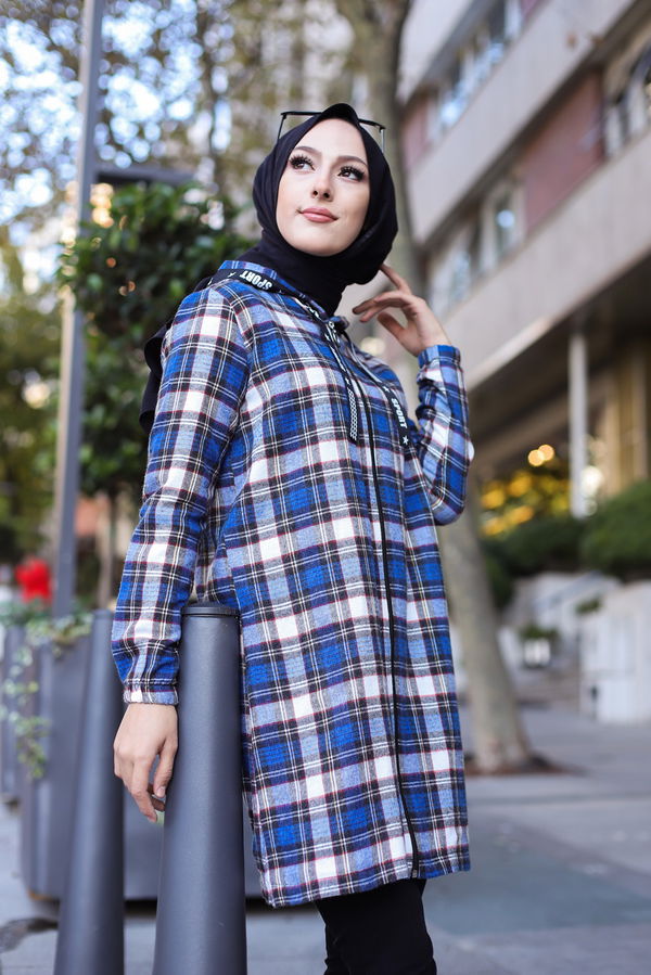 Düz Orta Kadın Mavi 8619 FERMUARLI TUNIK - 8619 MAVİ