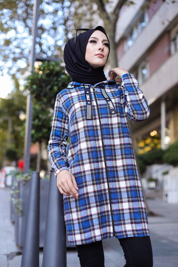 Düz Orta Kadın Mavi 8619 FERMUARLI TUNIK - 8619 MAVİ