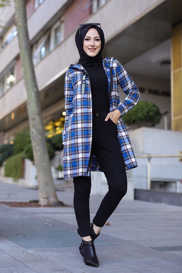 Düz Orta Kadın Mavi 8619 FERMUARLI TUNIK - 8619 MAVİ