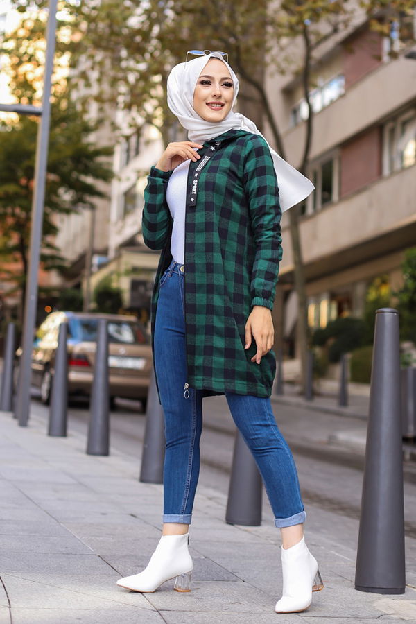 Düz Kapşonlu Yaka Kadın Lacivert FERMUARLI TUNIK - 8618 LACİVERT