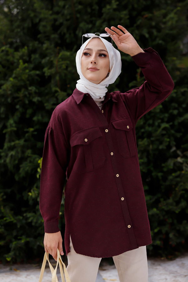 Düz Gömlek Yaka Kadın Bordo TUNIK - 13077