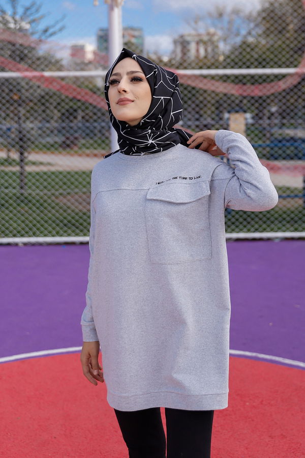 Düz Bisiklet Yaka Kadın Gri Tunik - 3350 GRİ