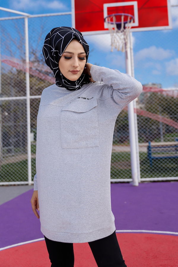 Düz Bisiklet Yaka Kadın Gri Tunik - 3350 GRİ