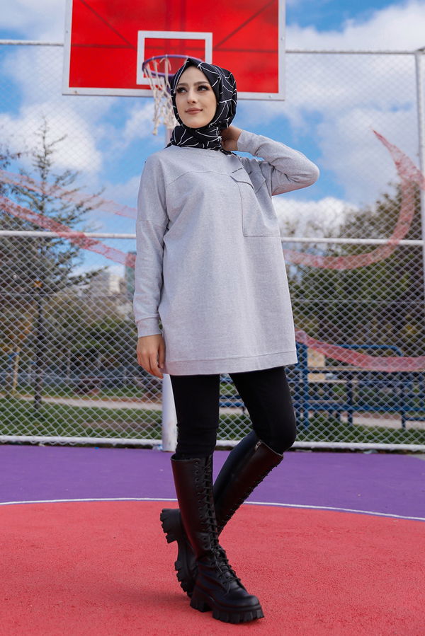 Düz Bisiklet Yaka Kadın Gri Tunik - 3350 GRİ