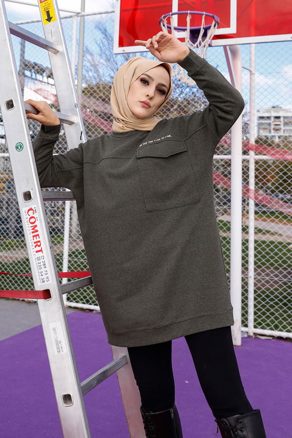 Düz Bisiklet Yaka Kadın Haki Tunik - 3350