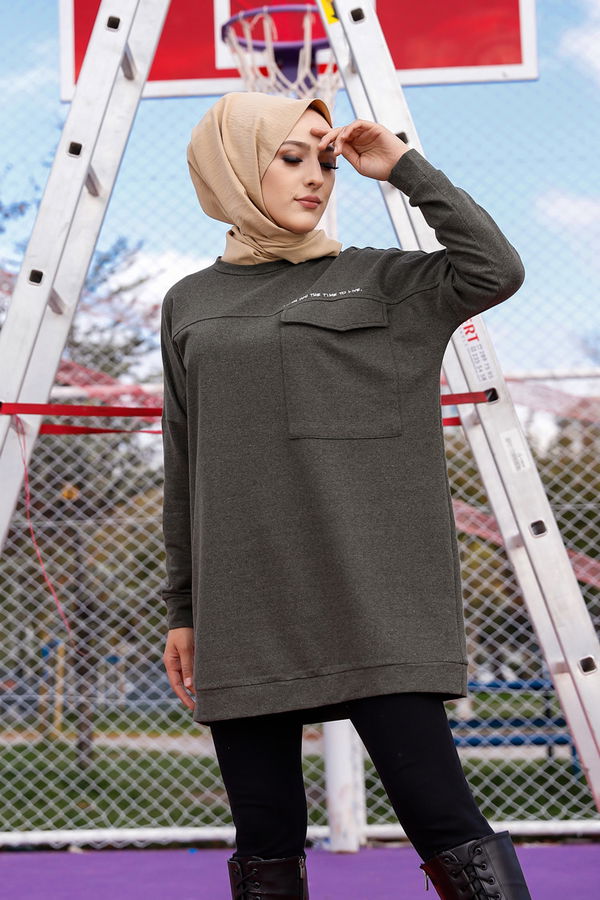 Düz Bisiklet Yaka Kadın Haki Tunik - 3350
