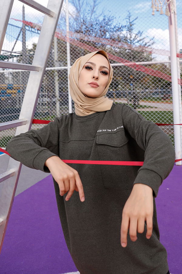 Düz Bisiklet Yaka Kadın Haki Tunik - 3350