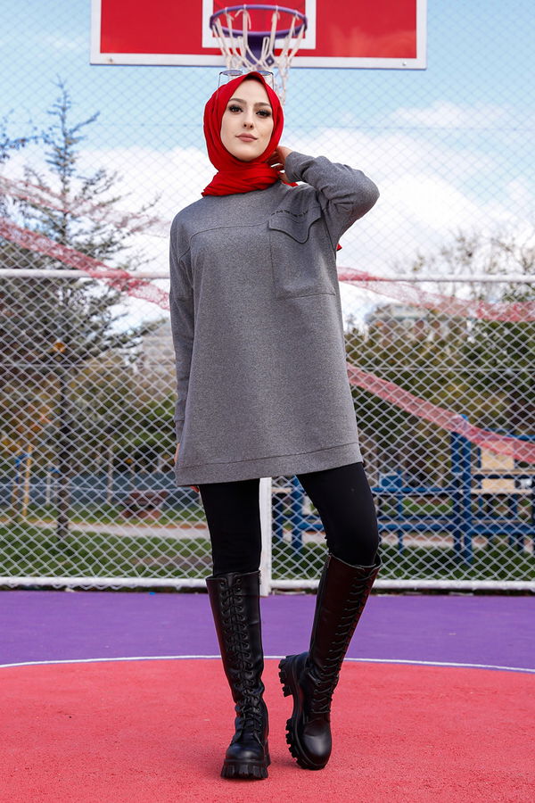 Düz Bisiklet Yaka Kadın Gri Tunik - 3350