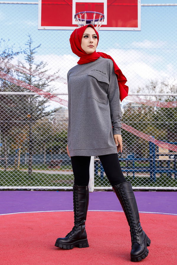 Düz Bisiklet Yaka Kadın Gri Tunik - 3350
