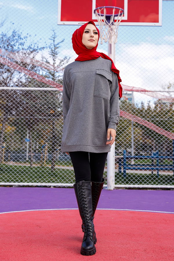 Düz Bisiklet Yaka Kadın Gri Tunik - 3350