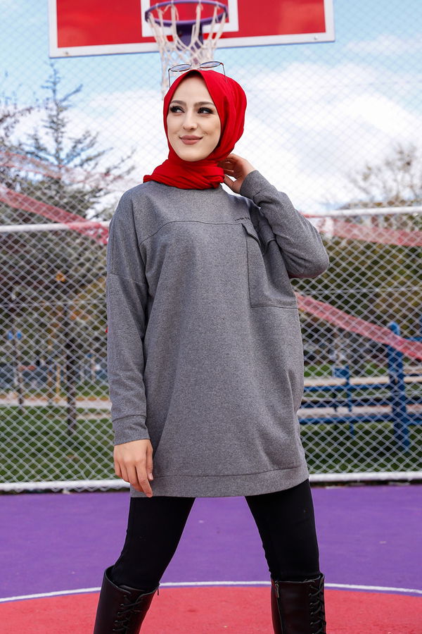 Düz Bisiklet Yaka Kadın Gri Tunik - 3350