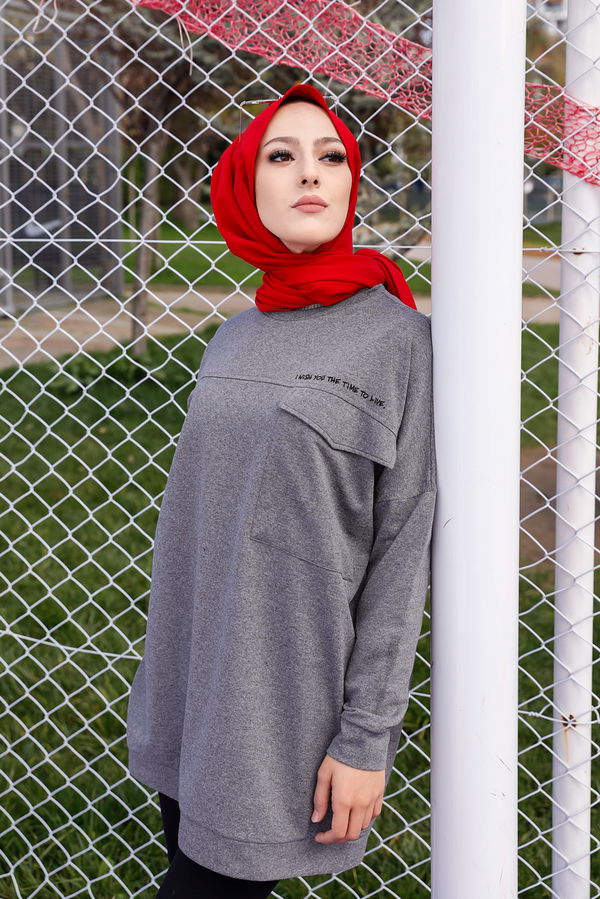 Düz Bisiklet Yaka Kadın Gri Tunik - 3350