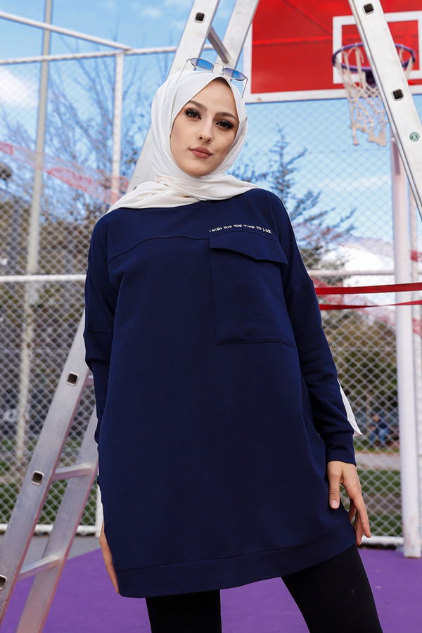 Düz Bisiklet Yaka Kadın Lacivert Tunik - 3350