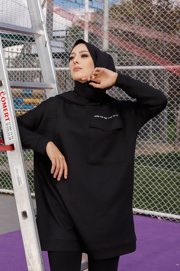 Düz Bisiklet Yaka Kadın Siyah Tunik - 3350