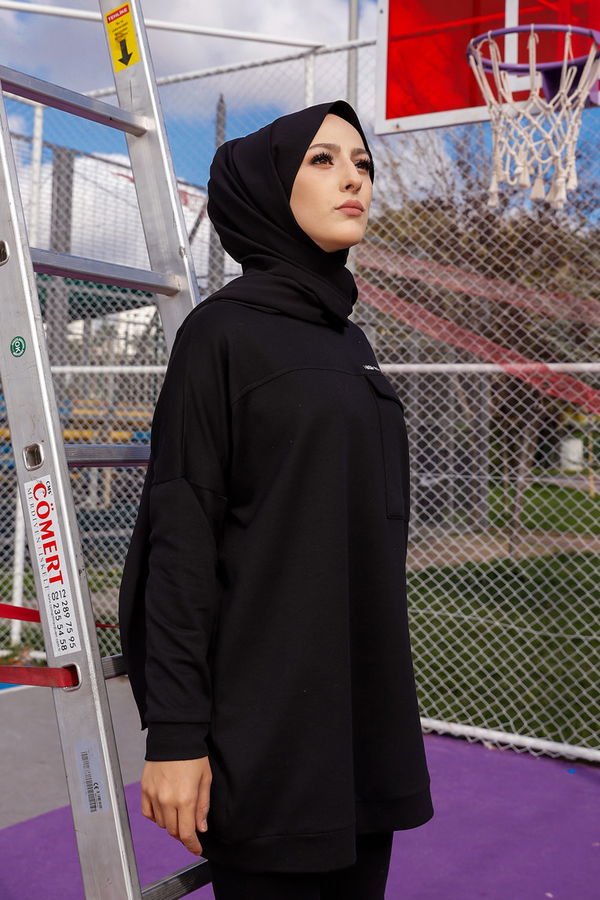 Düz Bisiklet Yaka Kadın Siyah Tunik - 3350