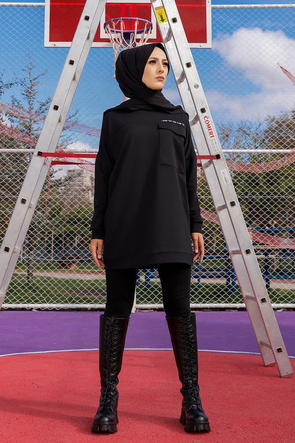 Düz Bisiklet Yaka Kadın Siyah Tunik - 3350