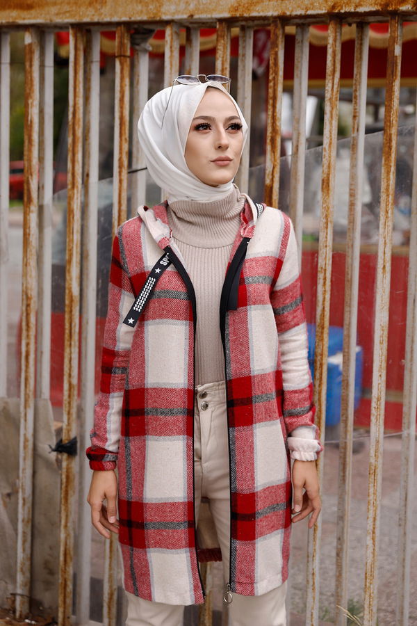 Düz Kapşonlu Yaka Kadın Kırmızı 3356 TUNIK - Vizon - 46 - 3356