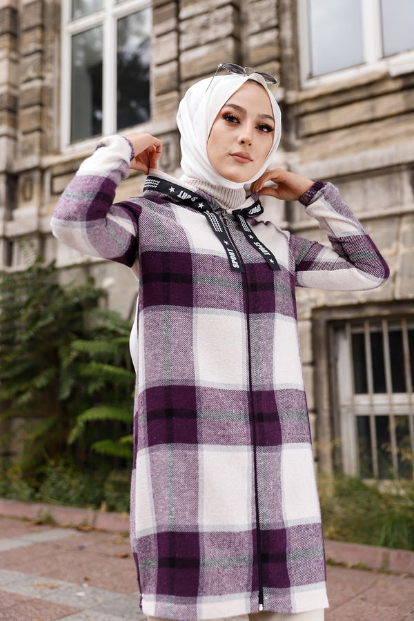 Düz Kapşonlu Yaka Kadın Mor 3356 TUNIK - Vizon - 46 - 3356