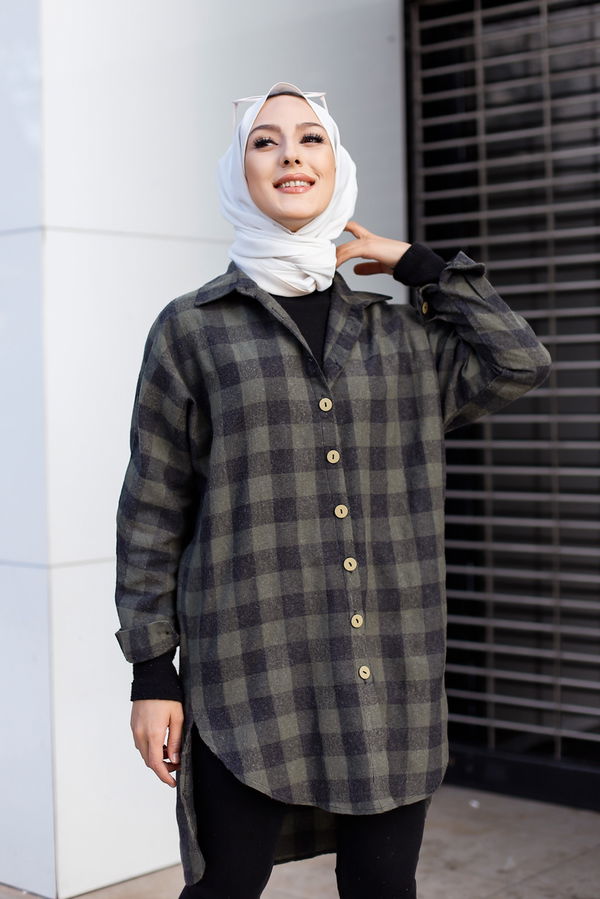 Düz Gömlek Yaka Kadın Haki YARASA KOL TUNIK - 3298 HAKİ