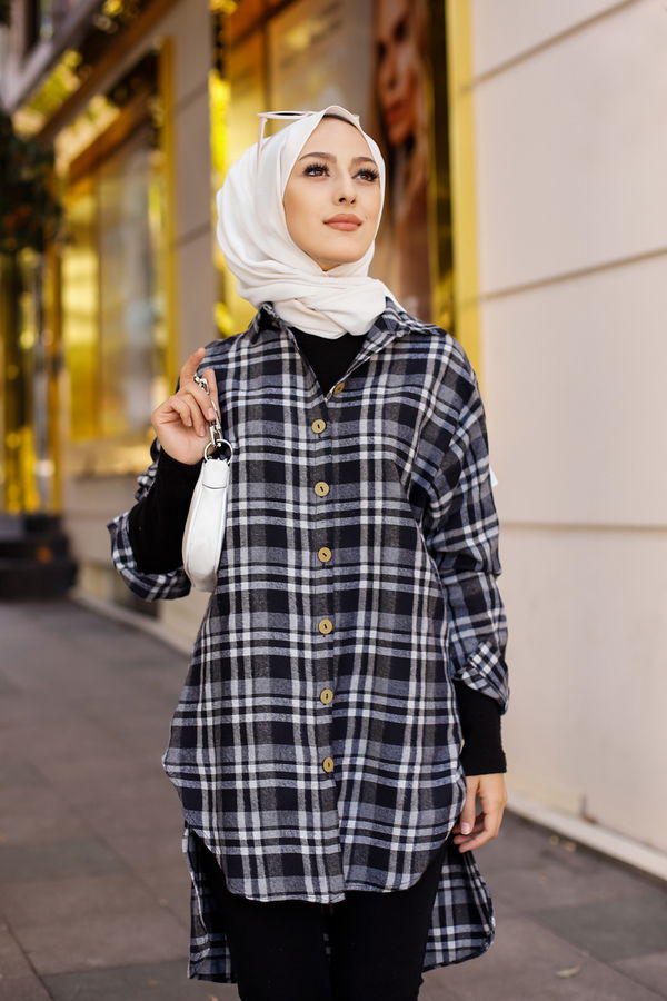 Düz Gömlek Yaka Kadın Lacivert YARASA KOL TUNIK - 3298