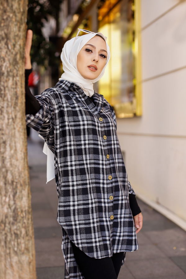 Düz Gömlek Yaka Kadın Lacivert YARASA KOL TUNIK - 3298