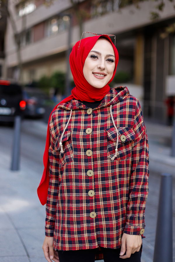Düz Orta Kadın Kırmızı 9089 KAPSONLU TUNIK - 9089