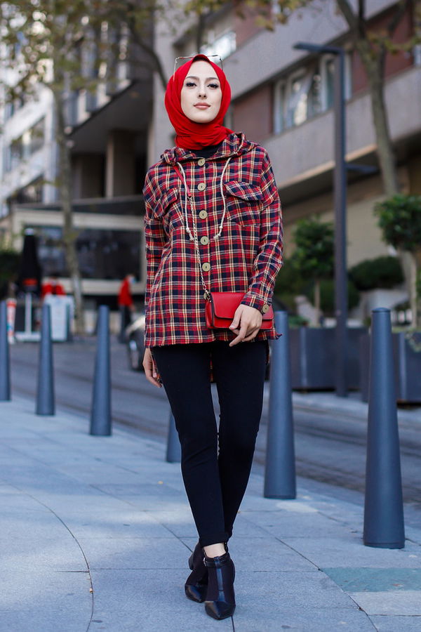 Düz Orta Kadın Kırmızı 9089 KAPSONLU TUNIK - 9089