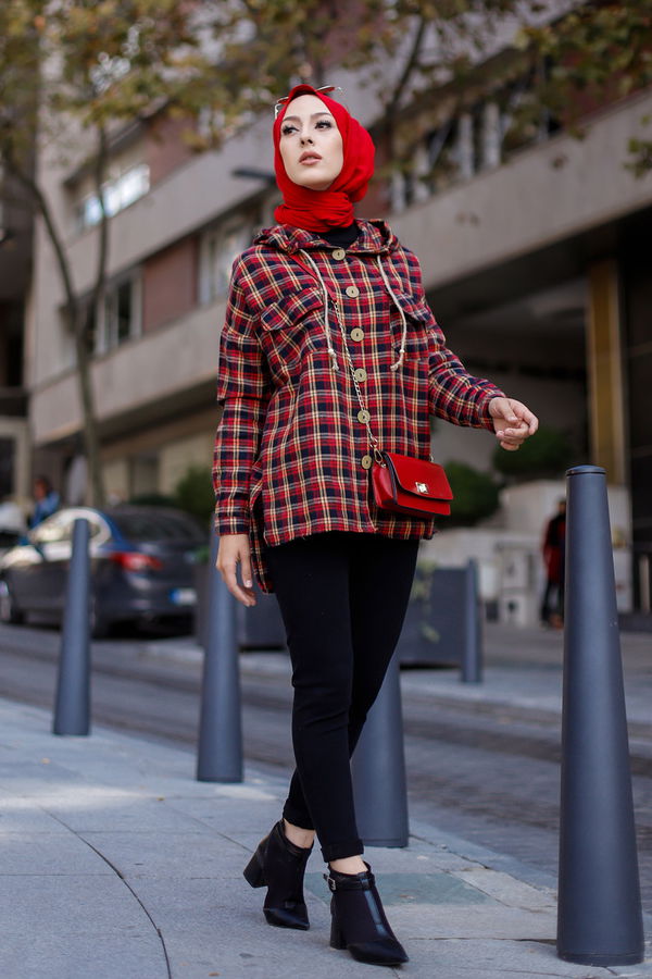 Düz Orta Kadın Kırmızı 9089 KAPSONLU TUNIK - 9089