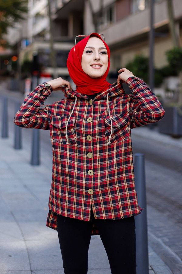 Düz Orta Kadın Kırmızı 9089 KAPSONLU TUNIK - 9089