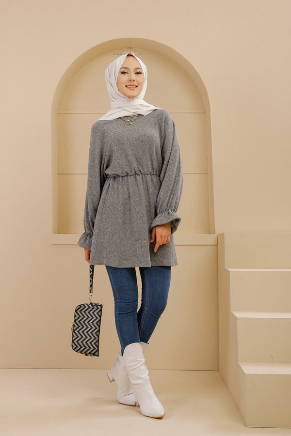 Düz Bisiklet Yaka Kadın Gri TUNIK - 3365 GRİ