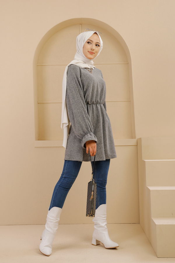 Düz Bisiklet Yaka Kadın Gri TUNIK - 3365 GRİ