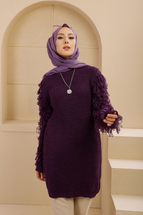 Düz Bisiklet Yaka Kadın Mor PUSKULLU KAZAK - 8640 MOR