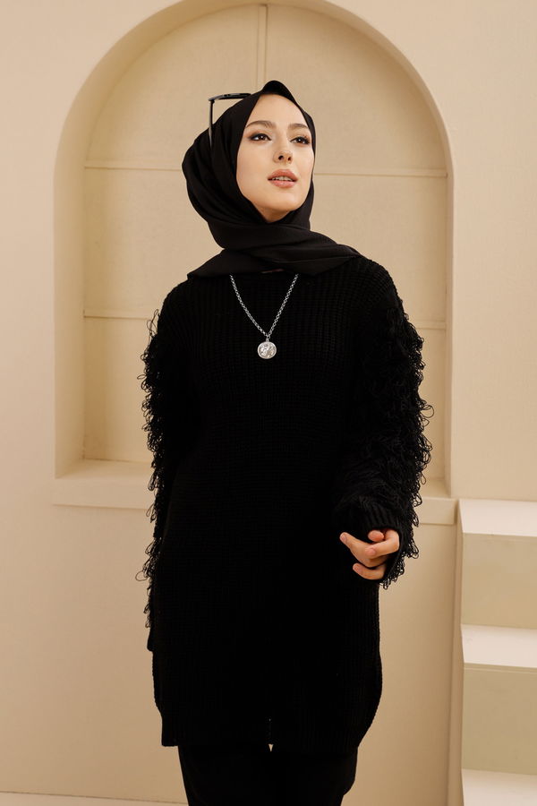 Düz Bisiklet Yaka Kadın Siyah PUSKULLU KAZAK - 8640 SİYAH
